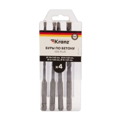 Бур по бетону для перфоратора SDS PLUS KRANZ 5-6-8-10х160 мм , 4 шт. в кейсе