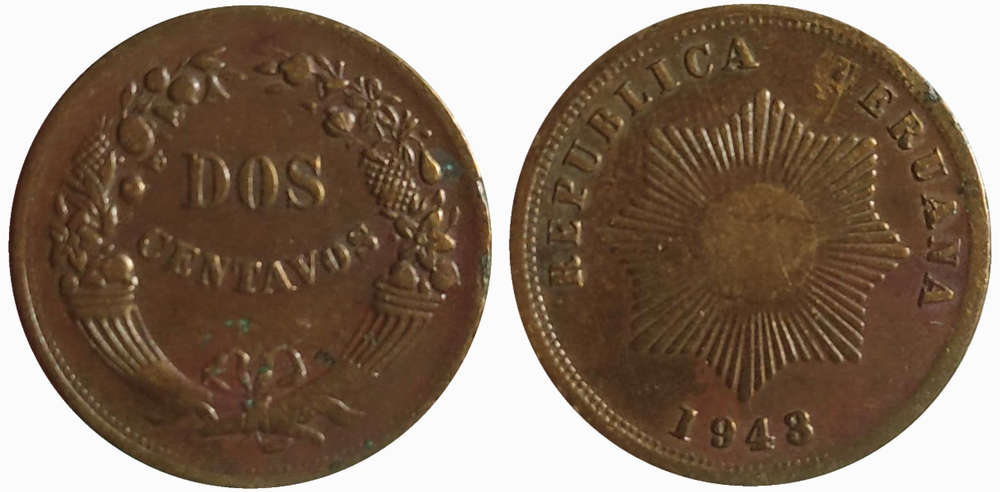 Перу 2 сентаво, 1917 - 1949 Звезда VF