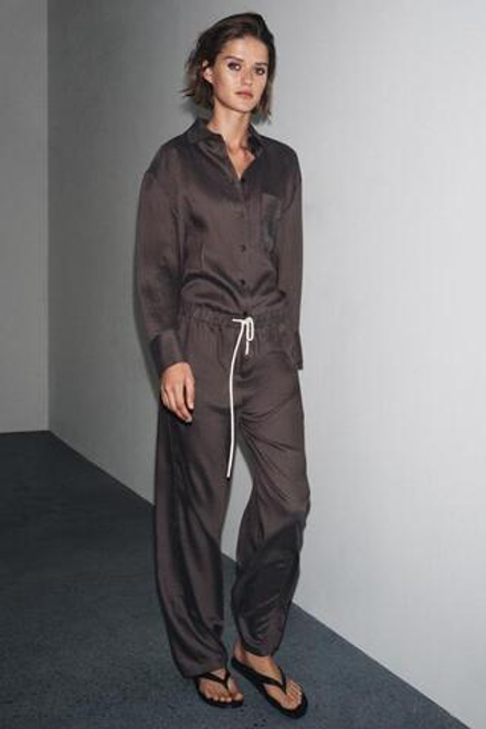 ZARA ПОЛОСАТЫЕ БРЮКИ В ПИЖАМНОМ СТИЛЕ — ZW COLLECTION, ШОКОЛАДНО-КОРИЧНЕВЫЙ