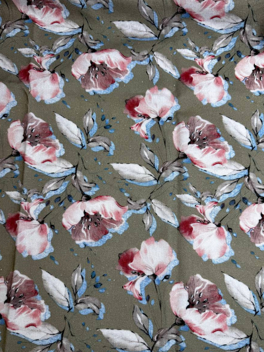 Плательная лен принт маки розовый/голубой на хаки PHARMA RH#1С2