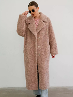 Шуба чебурашка длинная из овечьей шерсти, розовая-пудра, SilverFox