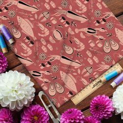 Ткань муслин коралловые морепродукты на красном фоне