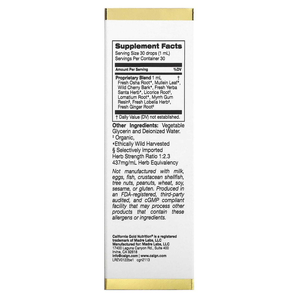 California Gold Nutrition, добавка для здоровья бронхов с запатентованной смесью свежего корня оша, листьев коровяка и коры дикой вишни, 30 мл (1 жидк. унция)
