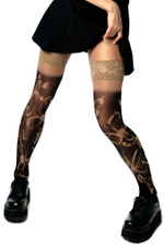 Черно-бежевые чулки с цветочным принтом (Размер: S-M-L) (Цвет: бежевый)