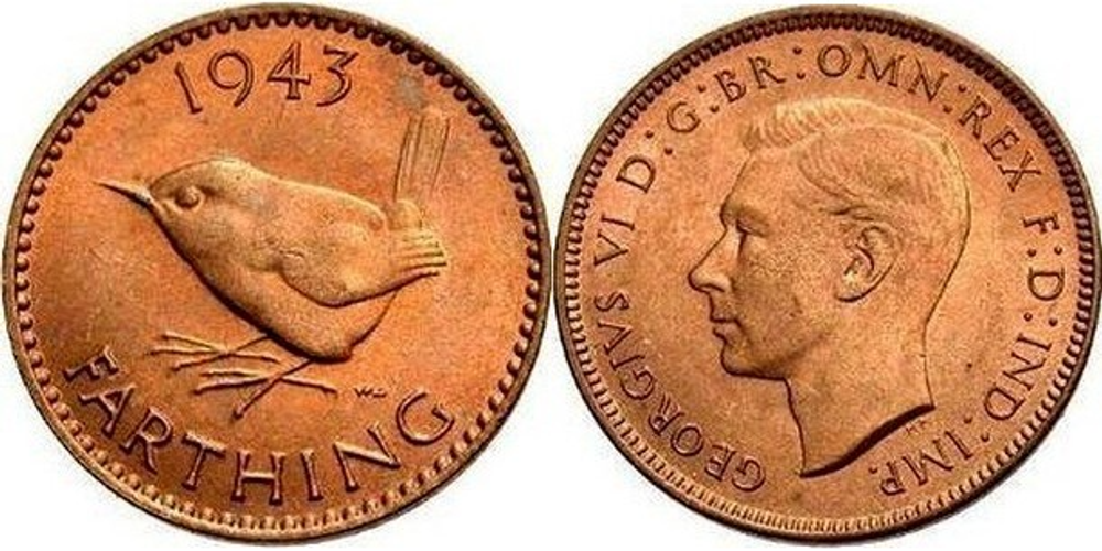 Великобритания 1 фартинг, 1937 - 1948 Король Георг VI - Крапивник XF
