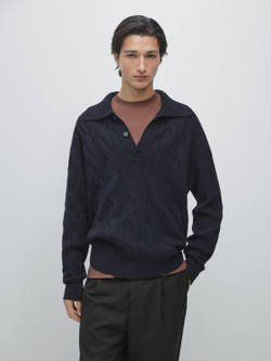 Massimo Dutti Вязаный шерстяной свитер с воротником-поло, темно-синий