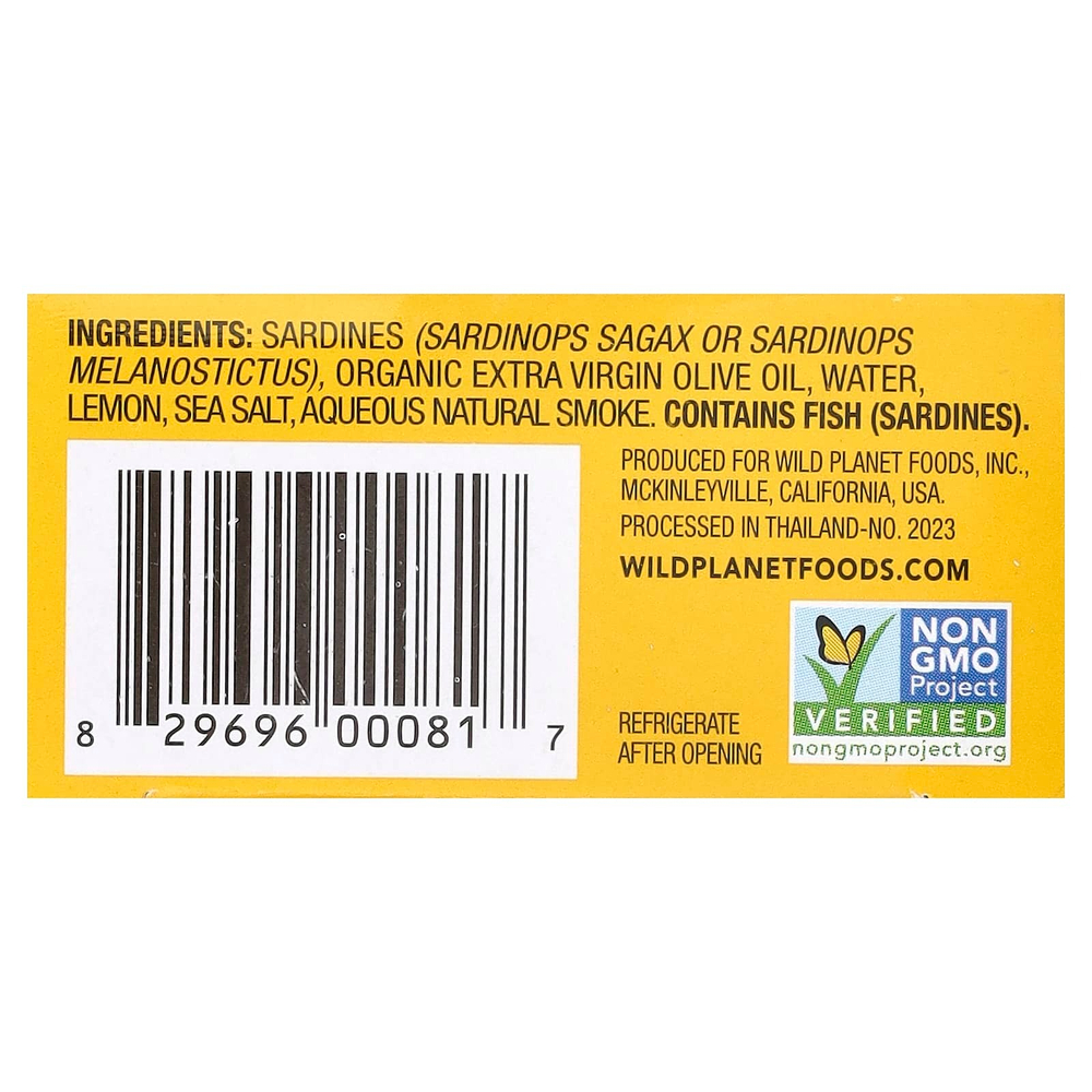 Wild Planet, Дикие сардины в оливковом масле первого отжима с лимоном, подкопченные, 125 г (4,4 унции)