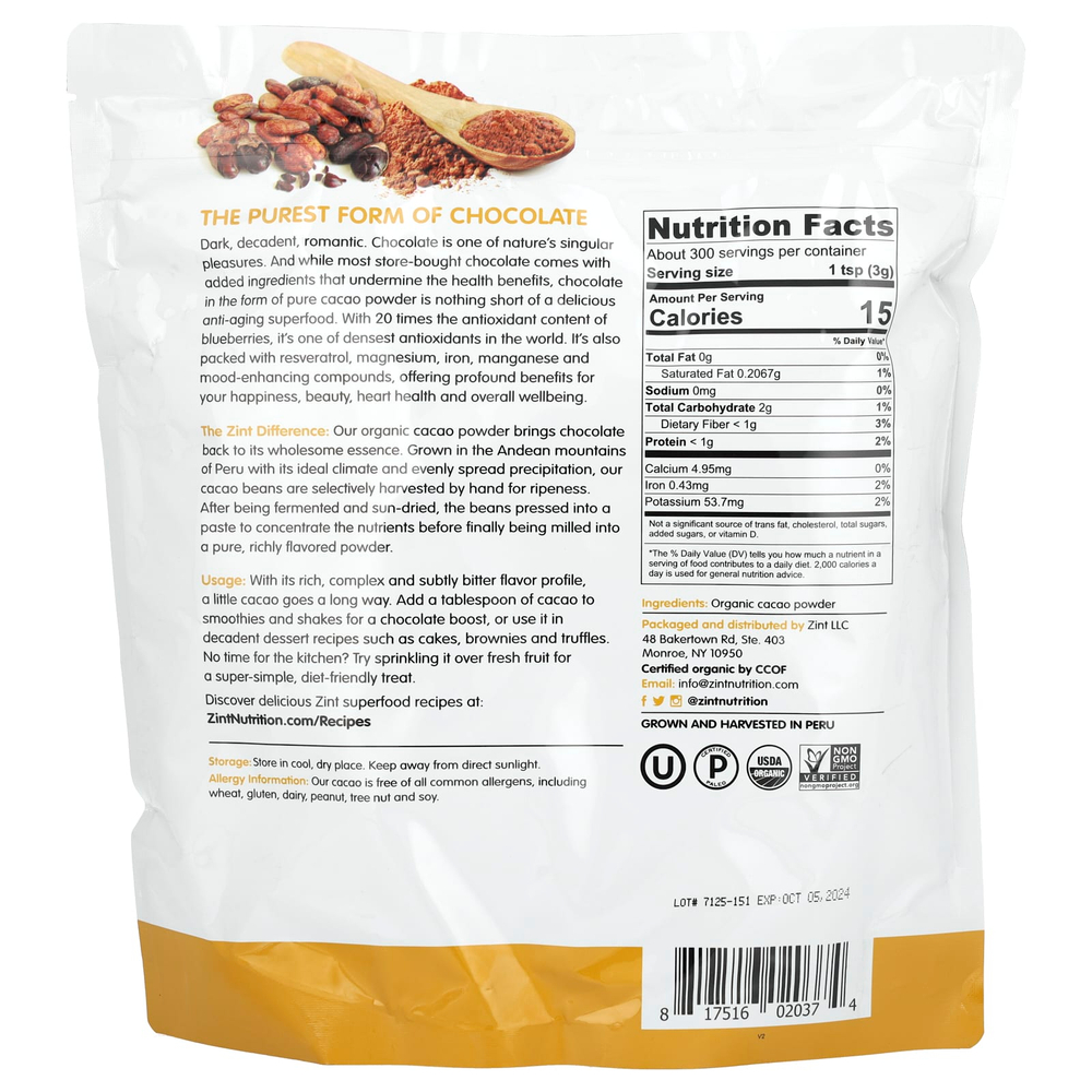 Zint, чистый органический порошок из какао, 907 г (32 унции)