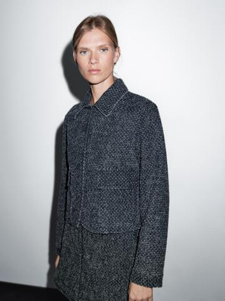 Massimo Dutti Короткая джинсовая куртка с фактурной отделкой, синий