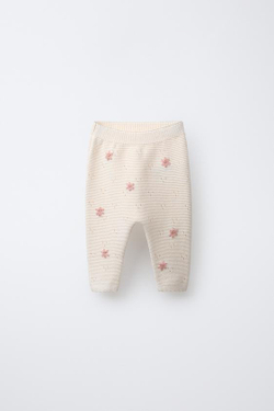 ZARA ТРИКОТАЖНЫЕ БРЮКИ С ВЫШИТЫМИ ЦВЕТАМИ, СЛОНОВАЯ КОСТЬ