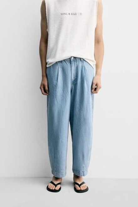 ZARA ДЖИНСОВЫЕ БРЮКИ ЧИНОС ШИРОКОГО КРОЯ СО СКЛАДКАМИ, ГОЛУБОЙ