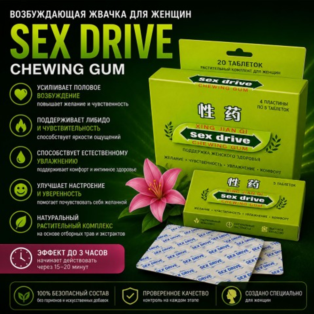 Возбуждающая жевательная  резинка для женщин Sex drive, 5 шт.