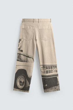 ZARA Х FORD ШИРОКИЕ БРЮКИ С ПРИНТОМ, СЕРО-БЕЖЕВЫЙ