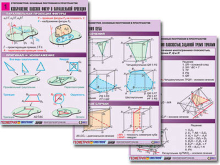 Комплект таблиц "Стереометрия. Основные построения в пространстве" (8 табл., А1, лам.)