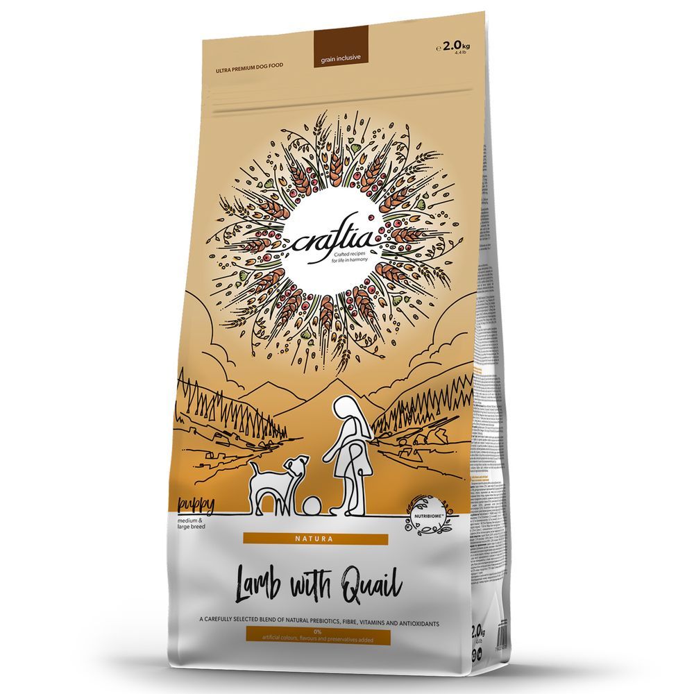 Сухой корм CRAFTIA NATURA для щенков средних и крупных пород из ягненка с перепелкой, Пакет 2 кг