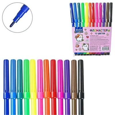 Фломастеры 12цв. "Котики" вентилир.колпачок, корпус круглый (Mazari)