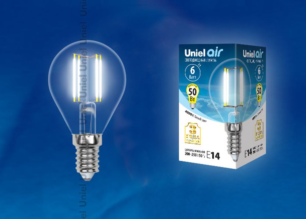 LED-G45-6W/NW/E14/CL GLA01TR Лампа светодиодная. Форма шар, прозрачная. Серия Air. Белый свет (4000K). Картон. ТМ Uniel