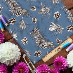 Ткань мембрана эскизы шишек и хвойных веток на синем фоне