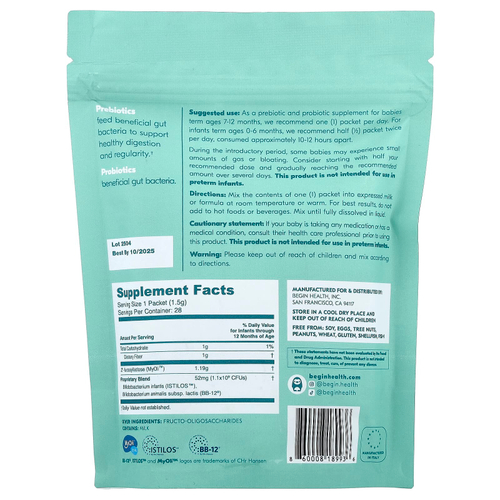 Begin Health, пребиотики и пробиотики для детей от 0 до 12 месяцев, без ароматизаторов, 28 пакетиков по 1,5 г (0,05 унции)