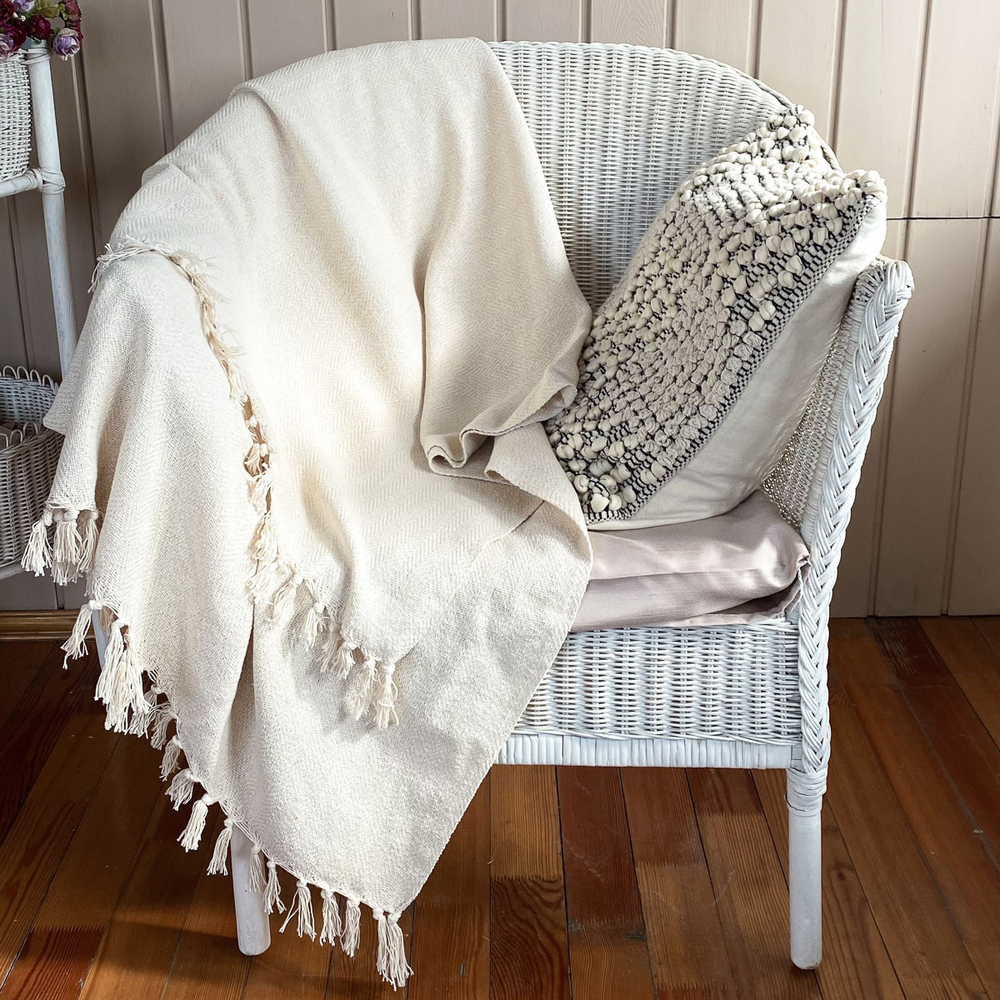 Бохо плед-шаль из домотканого  хлопка (волна молоко)