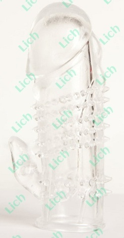 Прозрачная гелевая насадка с шипами и клиторальным отростком