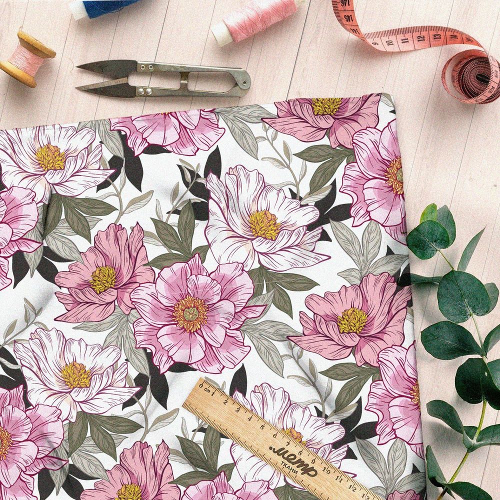 Ткань шифон розовые цветы серые листья