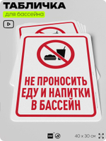 Табличка для бассейна "Не проносить еду и напитки в бассейн", на пляж, для общественной и частной зоны отдыха, информационная, 40х30 см, Silver Plane x Айдентика Технолоджи
