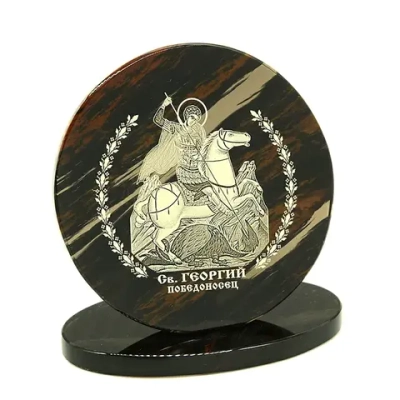 Икона из обсидиана "Георгий Победоносец" круг диаметр 10 см.