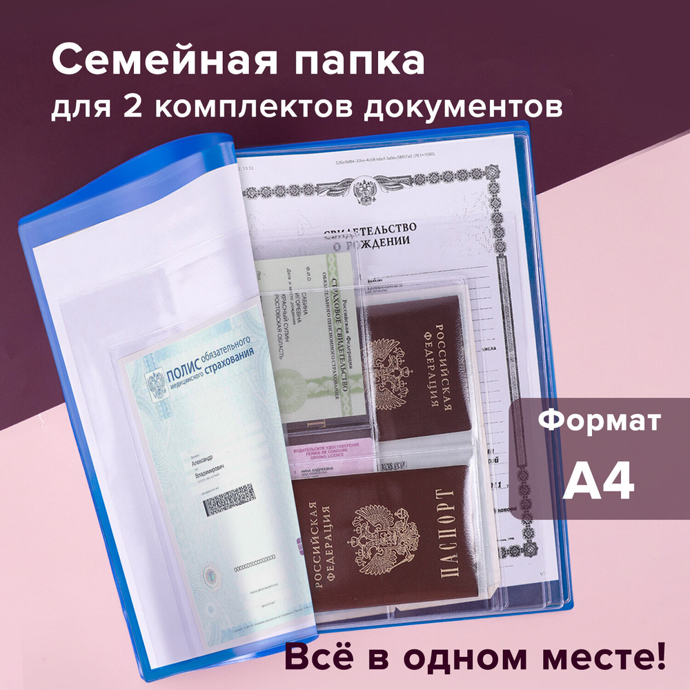 Папка для семейных документов с файлами (паспорта свидетельства полисы СНИЛС) STAFF 16 отделений ПВХ синий (2 штуки в упаковке)