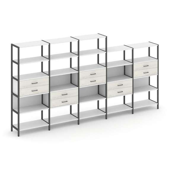 Shelf System Пятисекционный стеллаж пятиярусный с ящиками SN.STM-551 Белый/Дуб Наварра/Металл Антрац