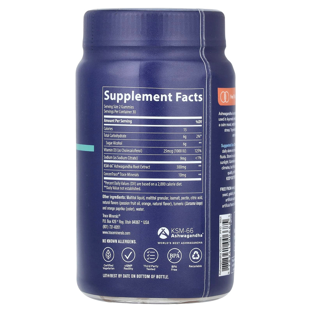 Trace, Ashwagandha Adaptogen Gummies, маракуйя и апельсин, 60 жевательных таблеток