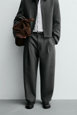 ZARA БРЮКИ BALLOON FIT С ЗАЩИПАМИ, СЕРЫЙ МЕЛАНЖ