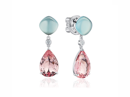 Пусеты с топазами огранки "Кабошон" и морганитами огранки "Груша" и бриллиантами