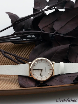 Часы наручные механические с автоподзаводом ПРЕМИУМ LOBINNI на кожаном ремешке, золотистый/белый W9690-02