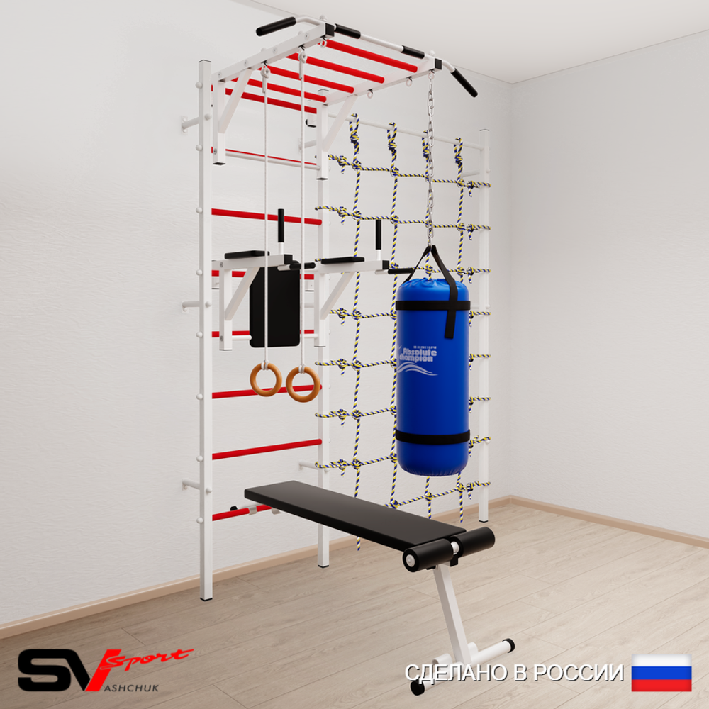 Шведская стенка Sv Sport усиленная 65130 (Турник рукоход/Брусья/Скамья/Кольца/Цепь/Мешок 30кг/Канатный лаз)