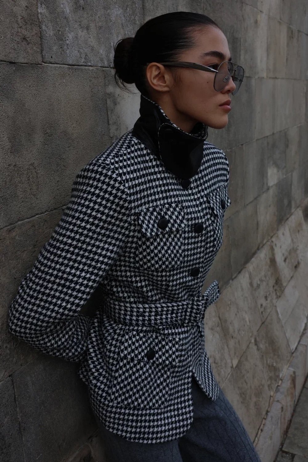 Жакет- пальто из шерсти, Черно-Белый