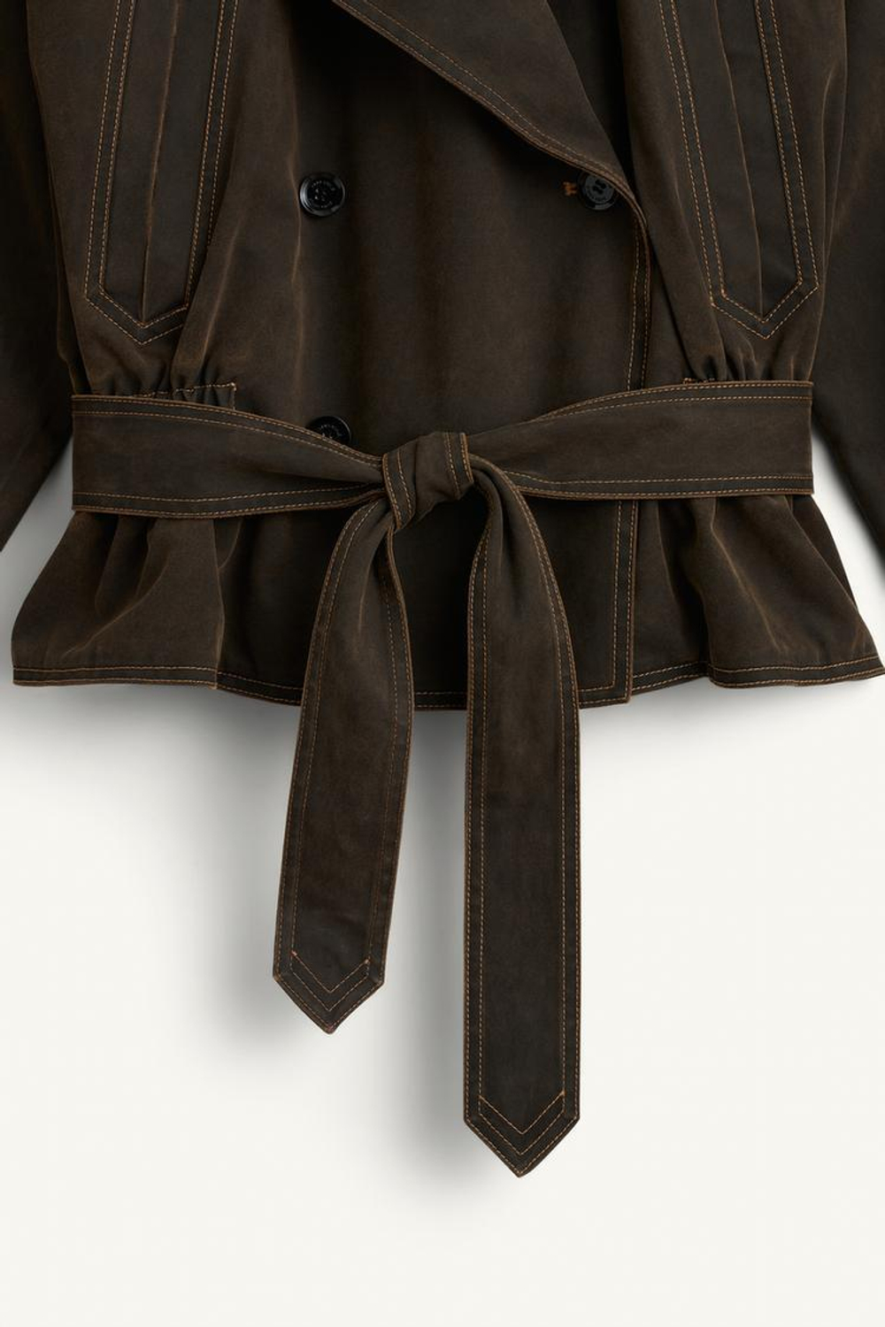 ZARA КУРТКА С ОТЛОЖНЫМ ВОРОТНИКОМ И ПОЯСОМ, КОРИЧНЕВЫЙ