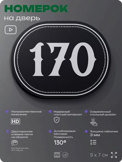 Номерок на дверь квартиры 170, для кабинета, офиса, шильдик 9 х 7 см, черный, Айдентика Технолоджи