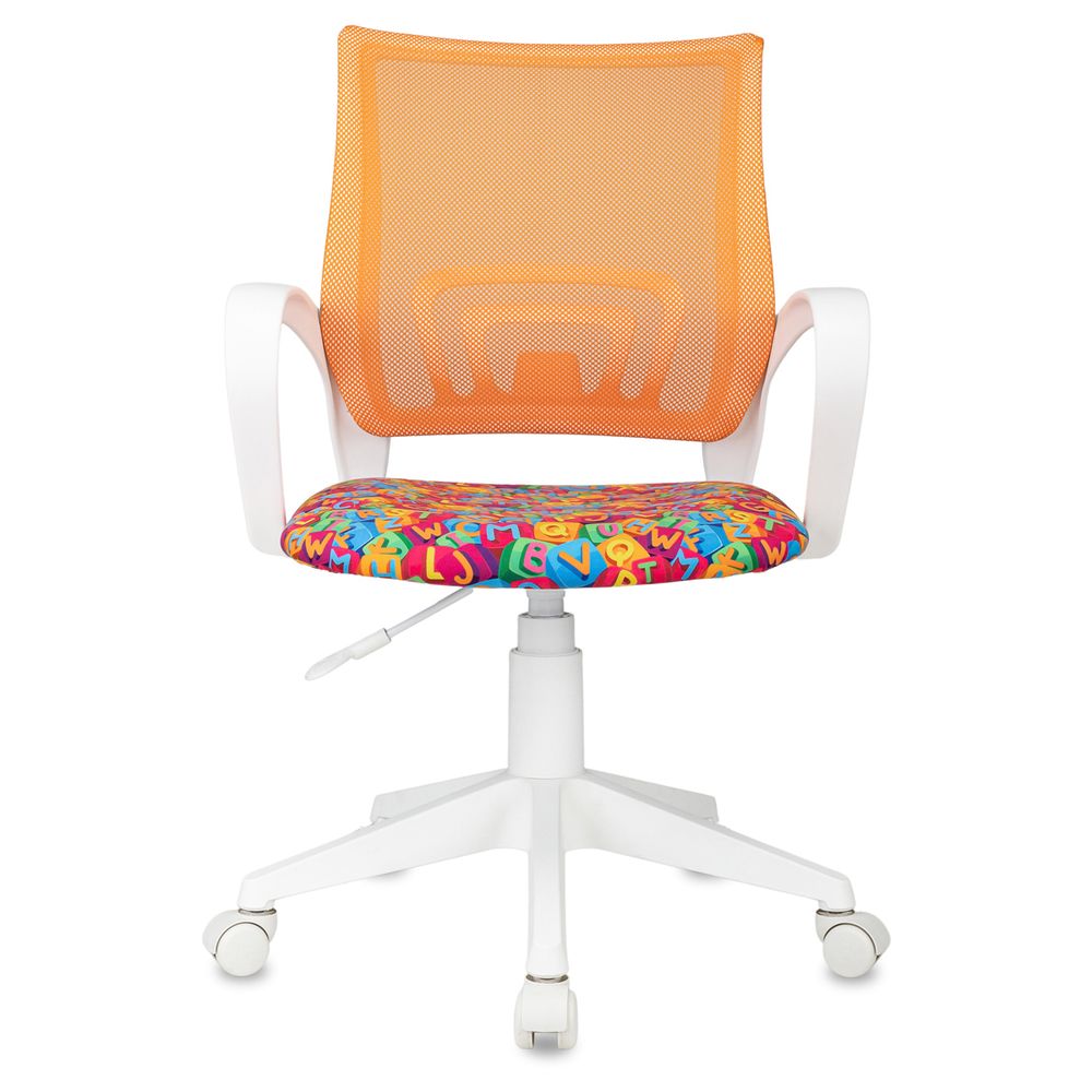 Кресло детское Helmi HL-K95 R (W695) "Airy", спинка сетка оранжевая/сиденье ткань с рисунком алфавит, пиастра, пластик белый