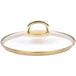 Крышка стеклянная 220мм, с ободом и пароотводом из нерж. стали под золото и ручкой-кнопкой