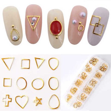 Набор Фигурки металлические украшения для дизайна ногтей, золото, 12 секций