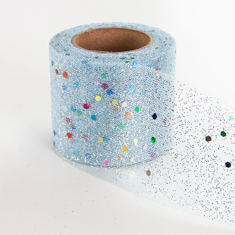 Лента (5,5 см*13,72 м) Фатин с блестками и пайетками, Голубой, 1 шт.