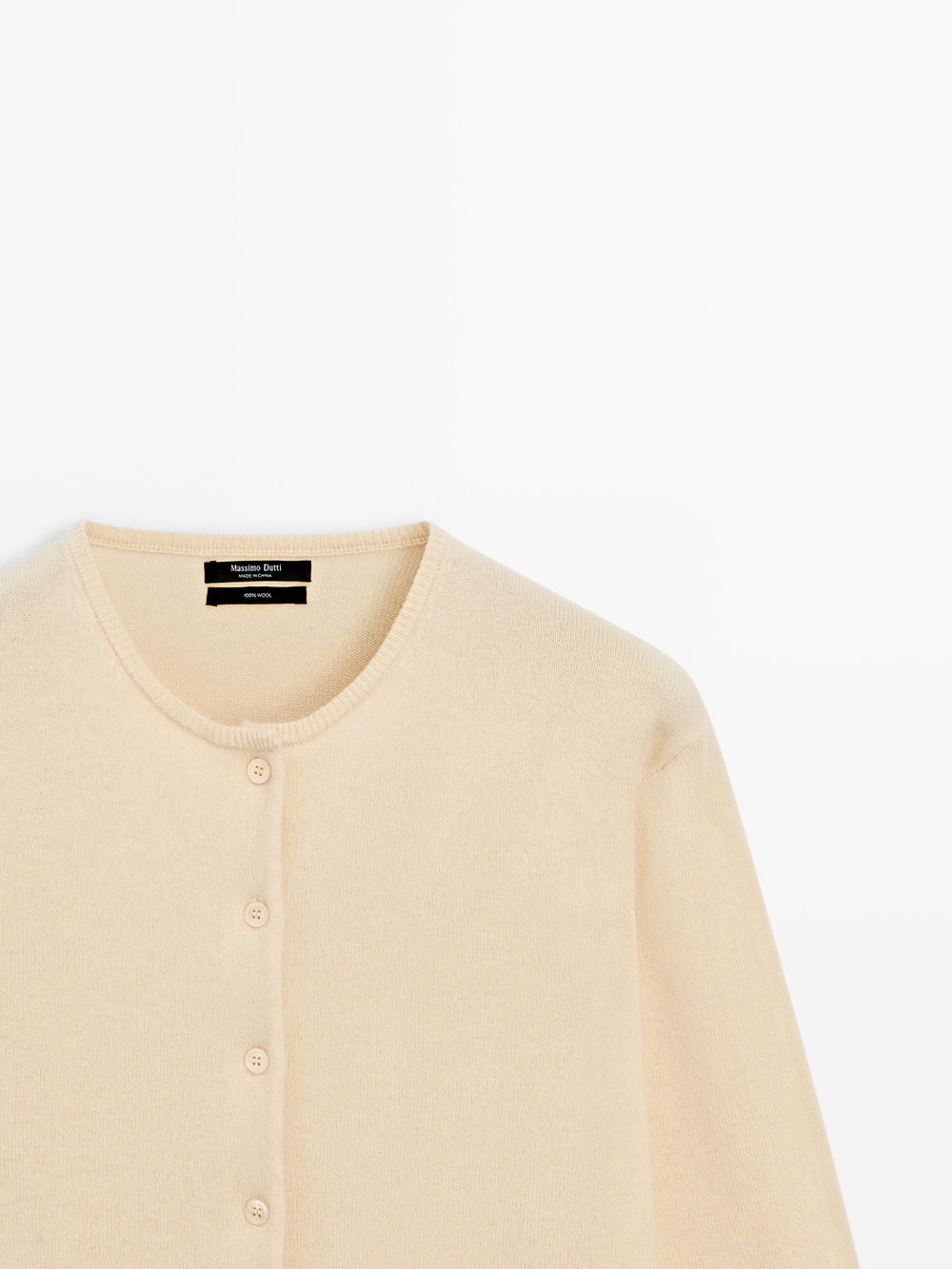 Massimo Dutti Кардиган из шерстяного трикотажа с круглым вырезом, ванильный