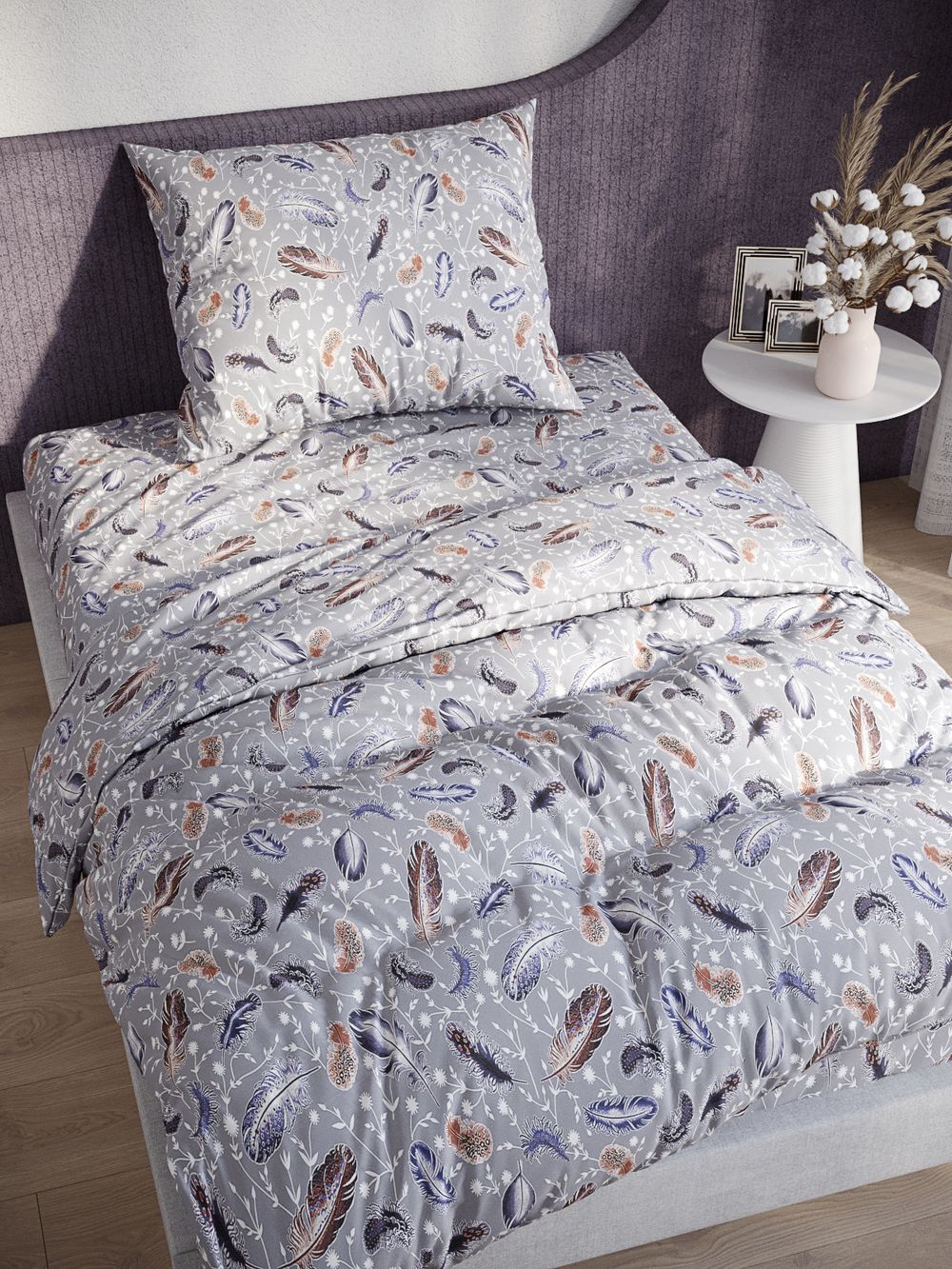 Постельное белье перкаль Сказка "Перо микс" 1,5-сп  Наволочка 70х70 см 1 шт Простынь  150x215 см Пододеяльник 145x215 см