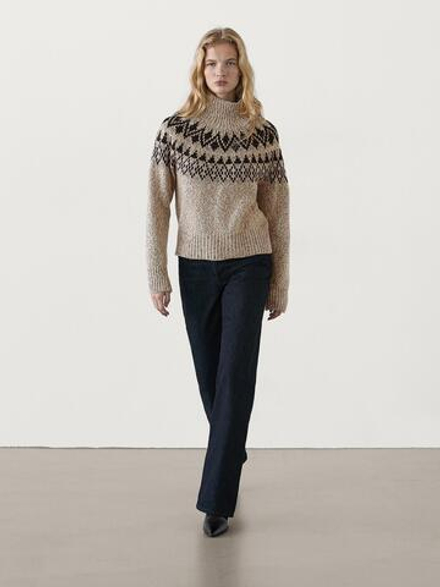 Massimo Dutti Жаккардовый трикотажный свитер из смесовой шерсти, пестро-бежевый