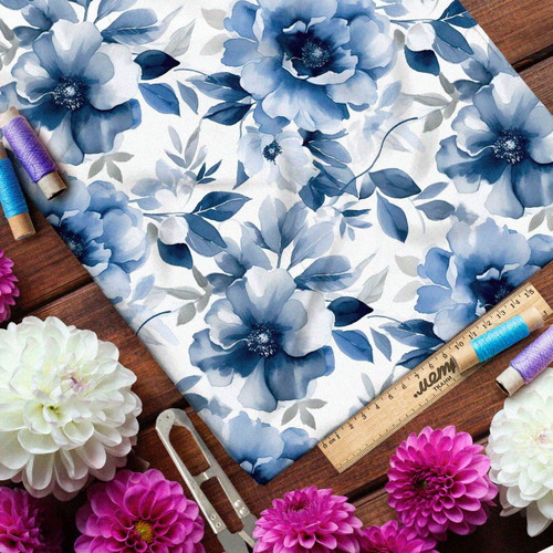 Ткань премиум габардин крупные голубые цветы