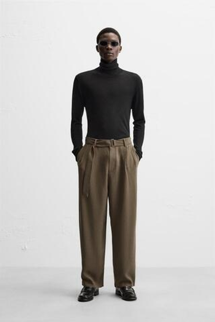 ZARA БРЮКИ С ЗАЩИПАМИ И РЕМНЕМ, ШОКОЛАДНЫЙ