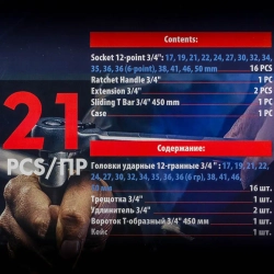 Набор инструментов ударных 21пр. 3/4''(12гр.) EVERFORCE EF-6212-9MPB