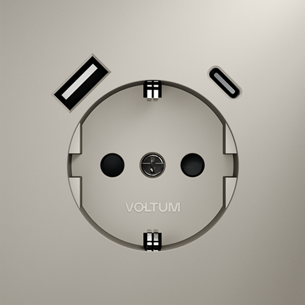 Розетка встраиваемая VOLTUM S70 с заземлением и защитными шторками, 16А, с USB, A+С, (кашемир)