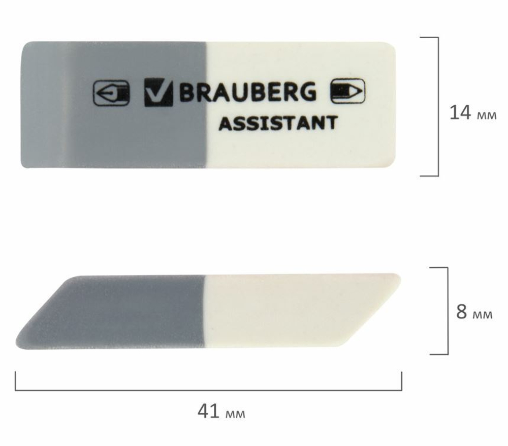 Ластик BRAUBERG "Assistant", 41х14х8 мм, серо-белый, прямоугольный, скошенные края, 222461